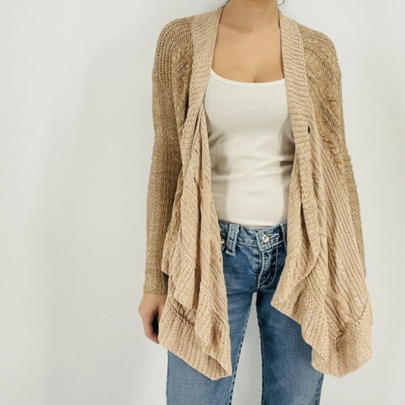 Free People Long Button Down Tan Caramel Waterfall Women Cardigan Sweater Size M - Picture 5 of 15